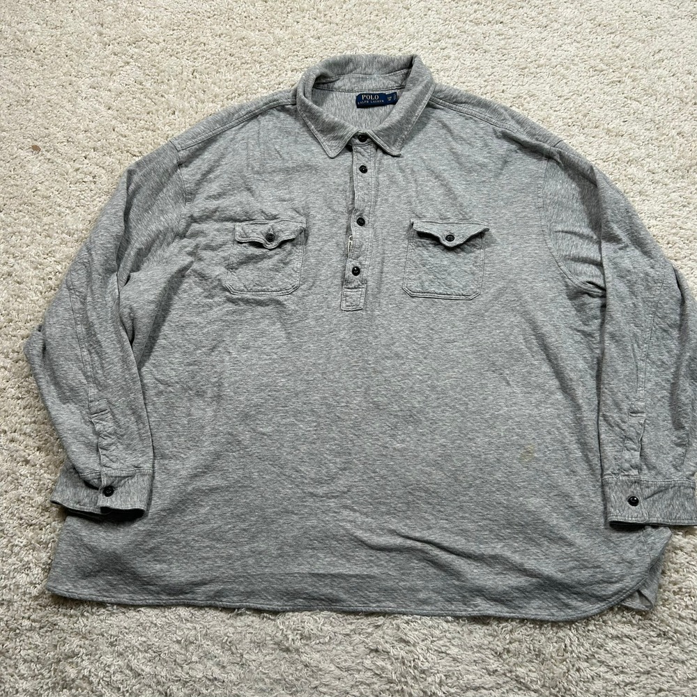 Polo Ralph Lauren Jersey Polo Shirt 5XB Grey Long Sleeve Chin Strap Pockets